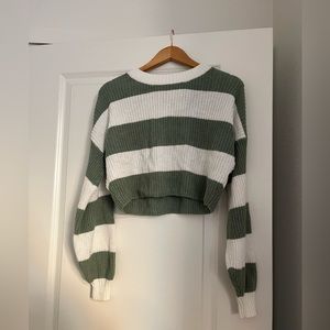 Hollister Green and White Striped Sweater